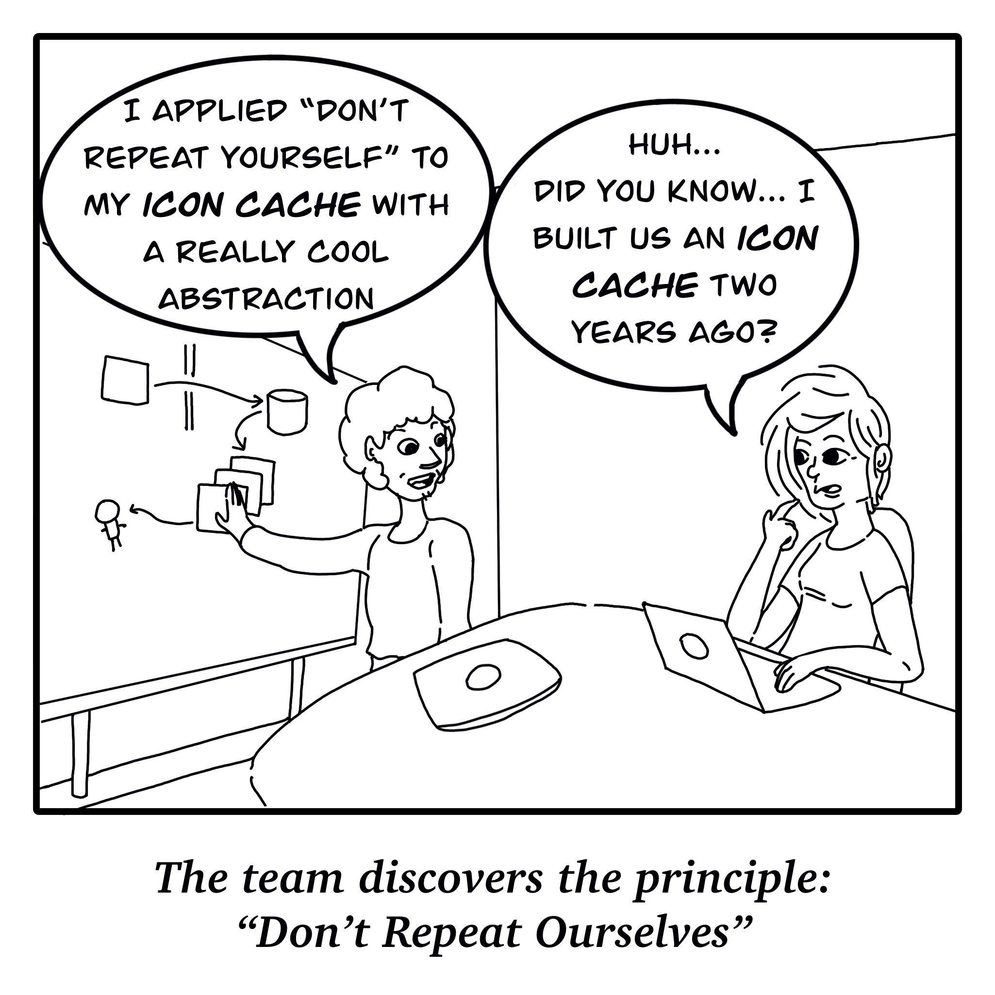 Comic:
        Character 1: 'I applied dont repeat yourself to my icon cache with a really cool abstraction'

        Character 2: 'huh, did you know, I built us an icon cache two years ago?'
        
        Bottom: The team discovers the principle 'don't repeat ourselves'